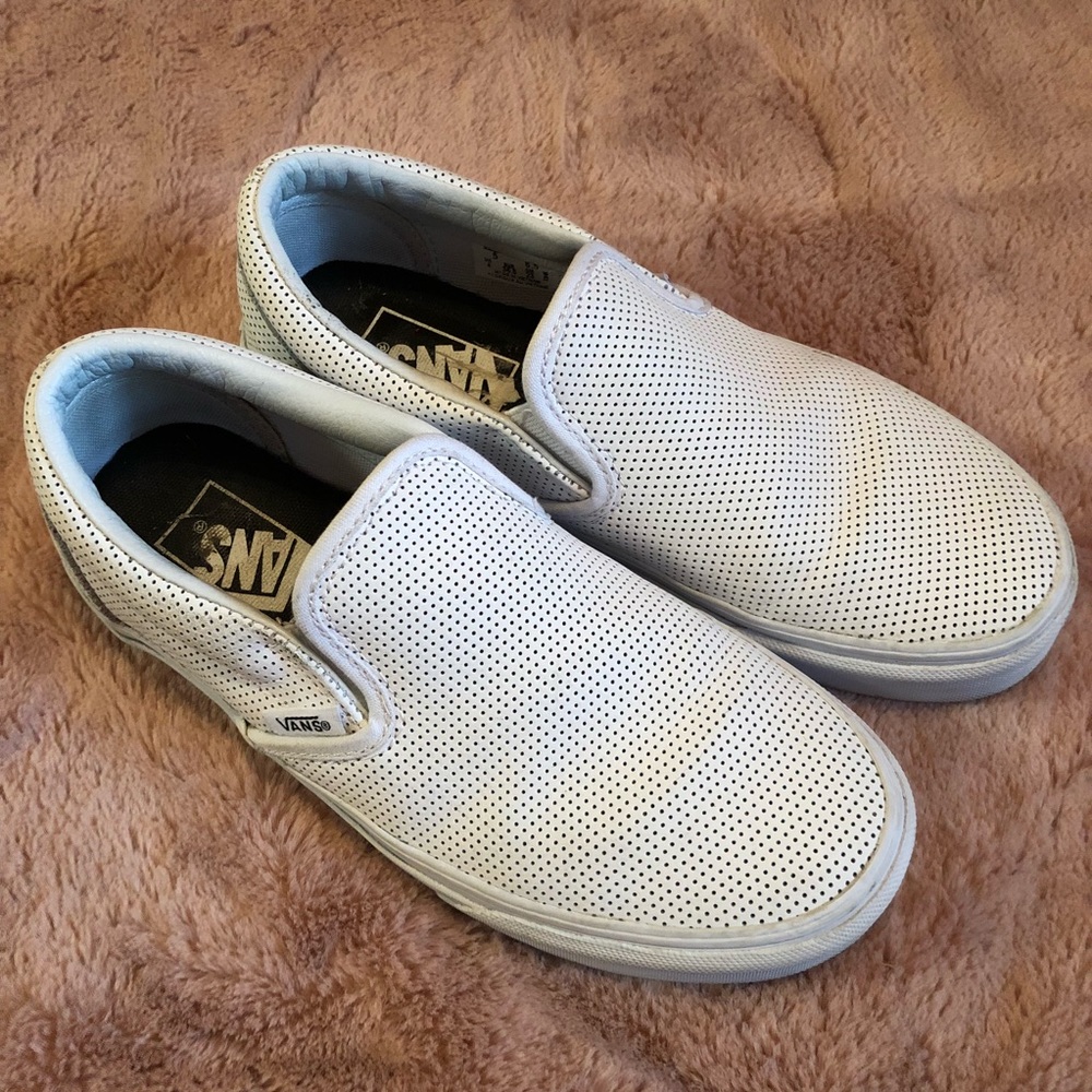 Perforated white leather vans slip ons size 6.5